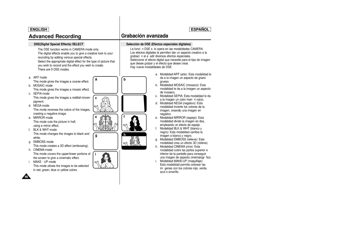 Samsung SCD24, SCD23 manual DSEDigital Special Effects Select, Selección de DSE Efectos especiales digitales 