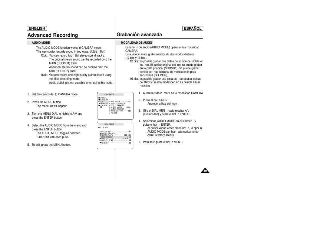 Samsung SCD23, SCD24 manual Modalidad DE Audio, La función de audio Audio Mode opera en las modalidad 