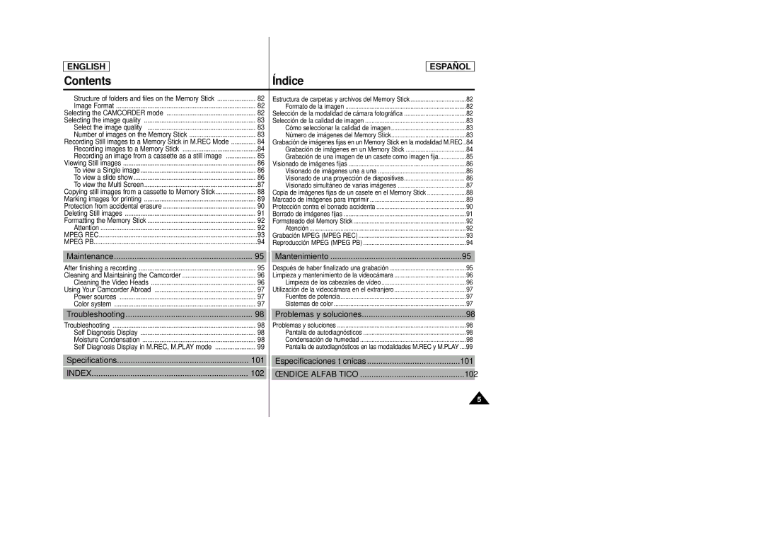 Samsung SCD23, SCD24 manual Maintenance Mantenimiento, Troubleshooting Problemas y soluciones, Specifications 101, 102 