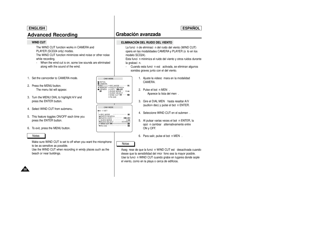 Samsung SCD24, SCD23 manual Wind CUT, Eliminación DEL Ruido DEL Viento 