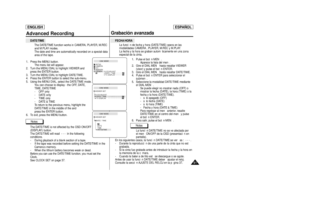 Samsung SCD23, SCD24 manual Fecha/Hora, Time, Date/Time, Date & Time 