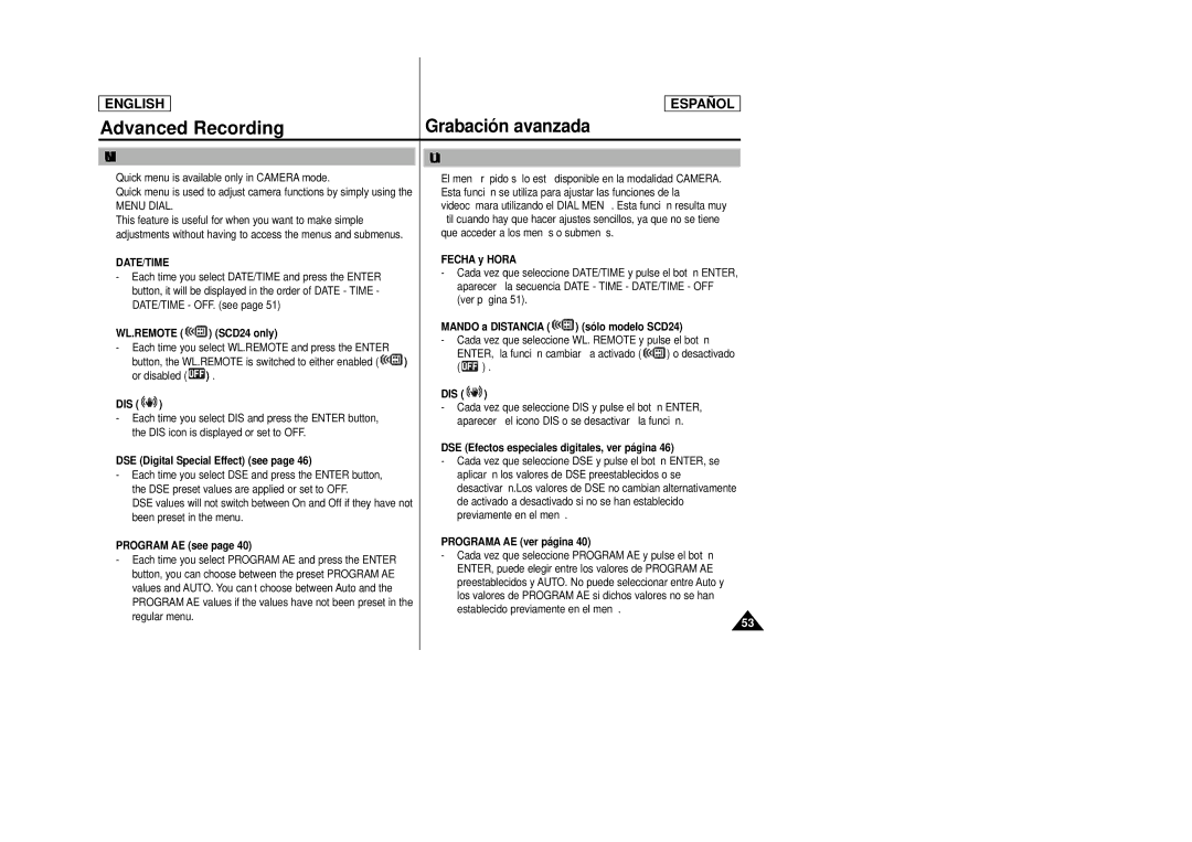 Samsung SCD23, SCD24 manual Using Quick MenuNavigation Menu, Uso del menú rápido menú de navegación, Wl.Remote 