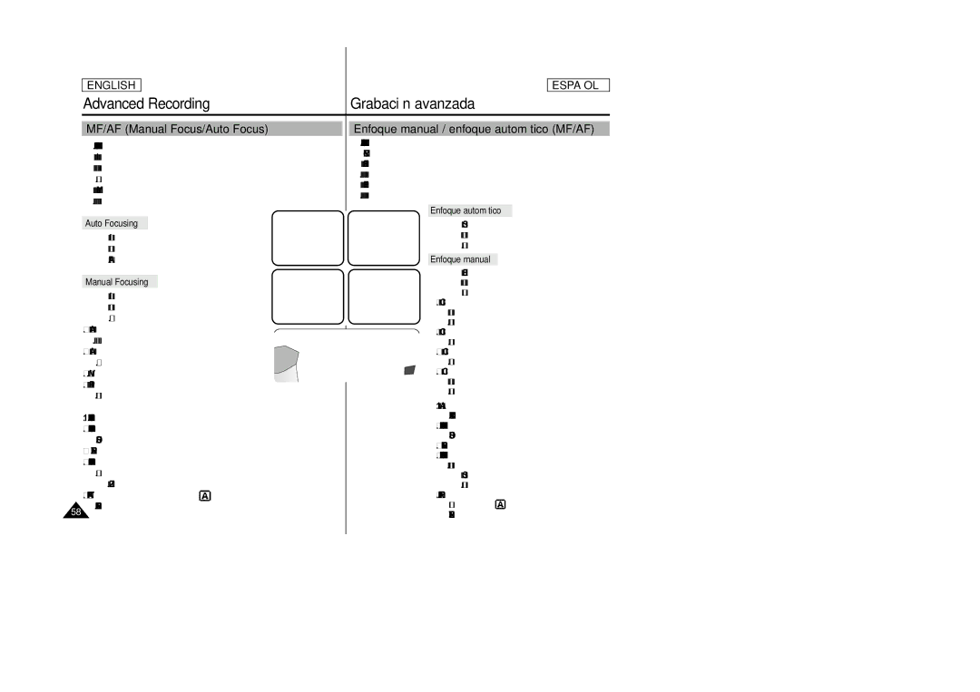 Samsung SCD24, SCD23 Advanced Recording, MF/AF Manual Focus/Auto Focus, Enfoque manual / enfoque automático MF/AF 