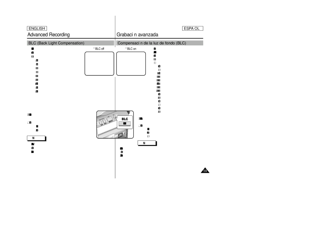 Samsung SCD23 BLC Back Light Compensation, Compensación de la luz de fondo BLC, BLC works in CAMERA/M.REC mode, BLC on 