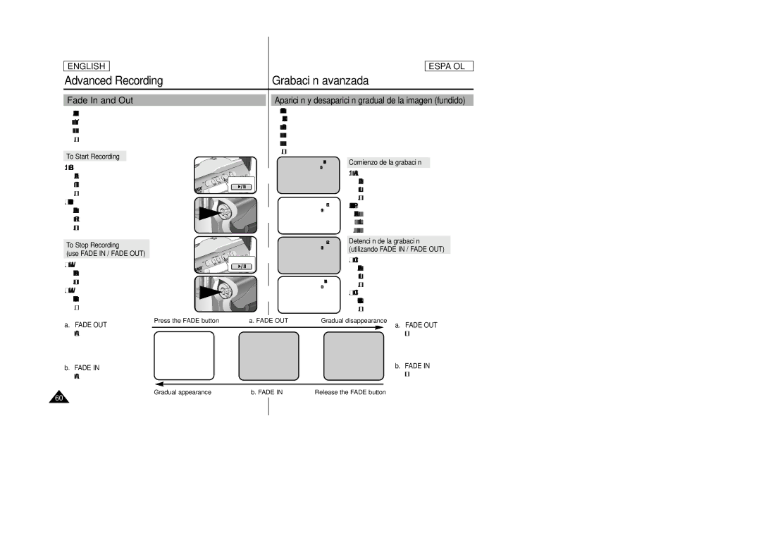 Samsung SCD24, SCD23 manual Advanced Recording Grabación avanzada, Fade In and Out 