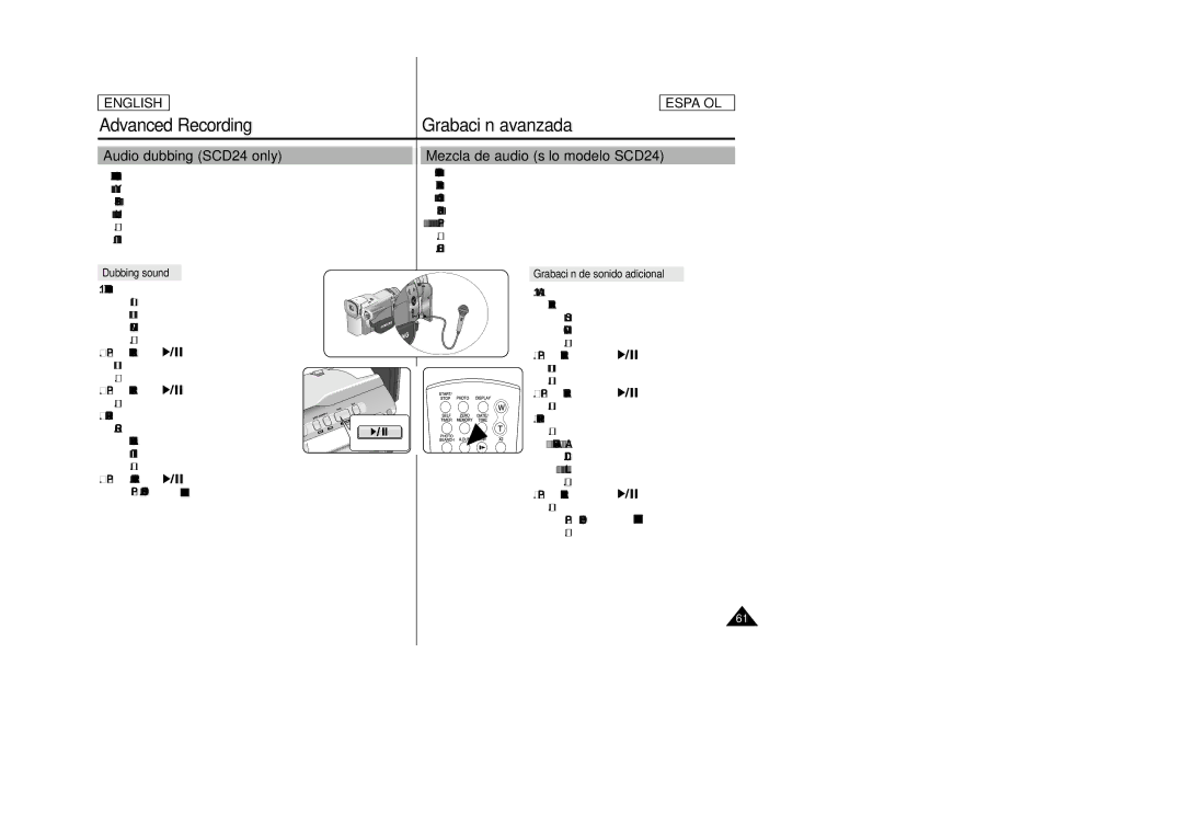 Samsung SCD23 Audio dubbing SCD24 only, Mezcla de audio sólo modelo SCD24, Dubbing sound, Grabación de sonido adicional 