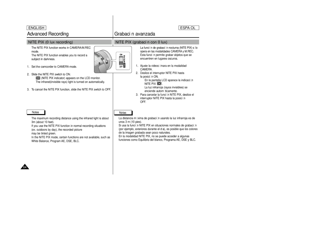 Samsung SCD24, SCD23 manual Nite PIX 0 lux recording, Nite PIX grabación con 0 lux 