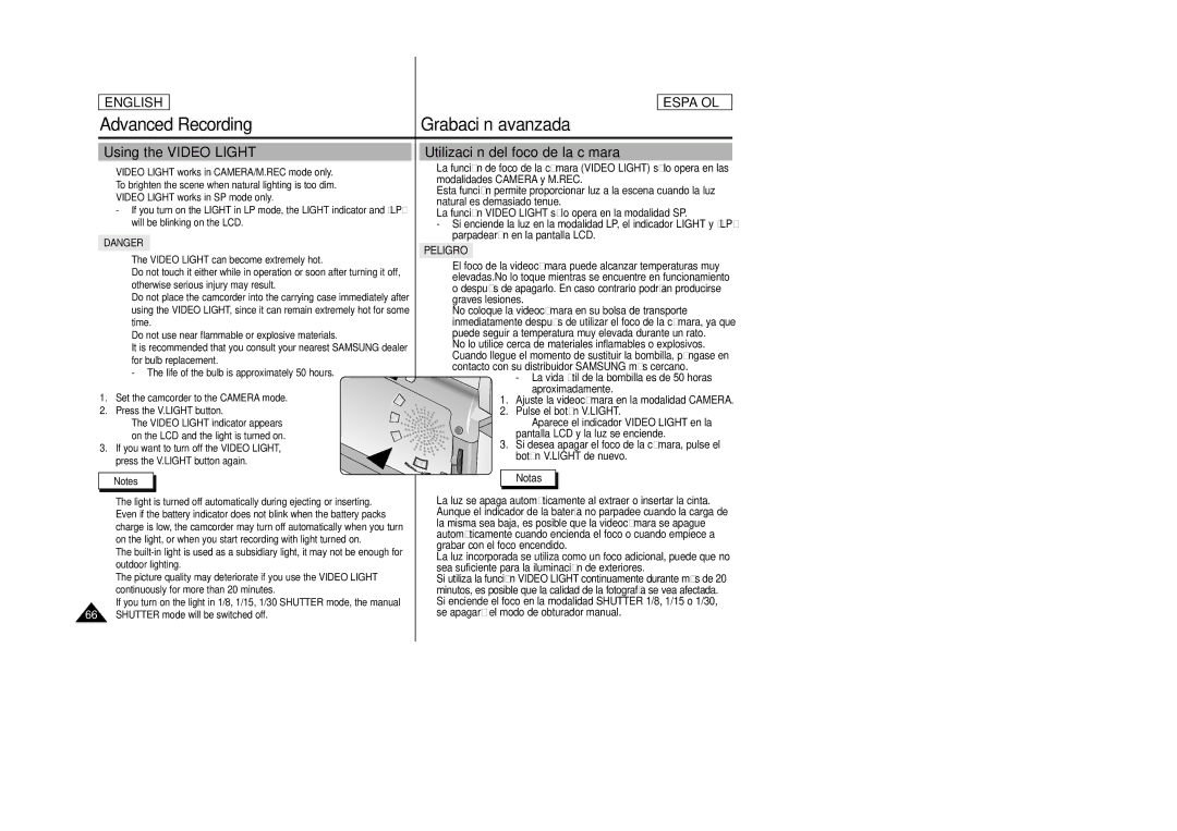 Samsung SCD24, SCD23 manual Using the Video Light, Utilización del foco de la cámara, Peligro 