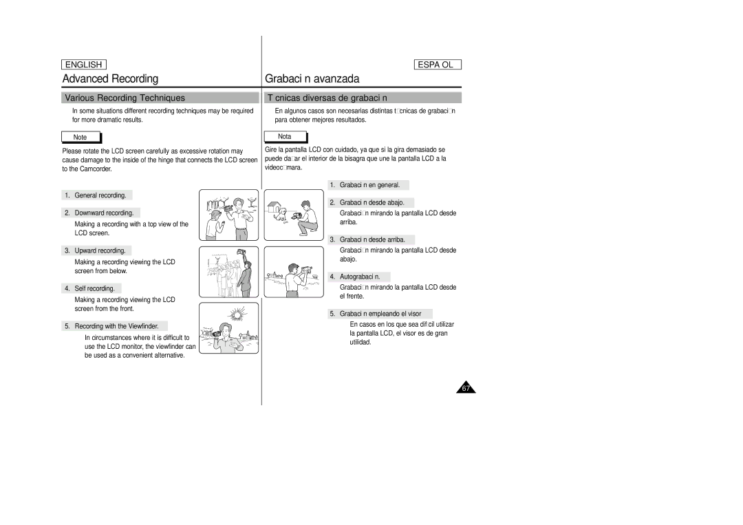 Samsung SCD23, SCD24 manual Various Recording Techniques, Técnicas diversas de grabación 