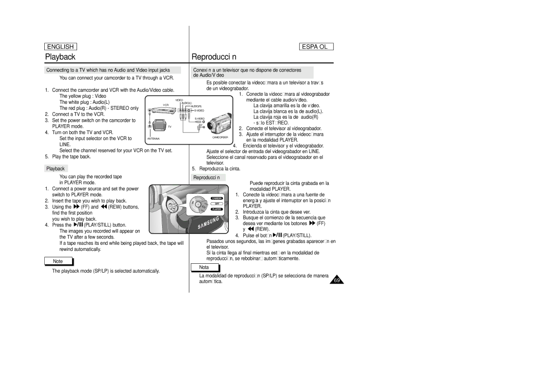 Samsung SCD23, SCD24 manual Connecting to a TV which has no Audio and Video input jacks, Line, Playback, Reproducción 