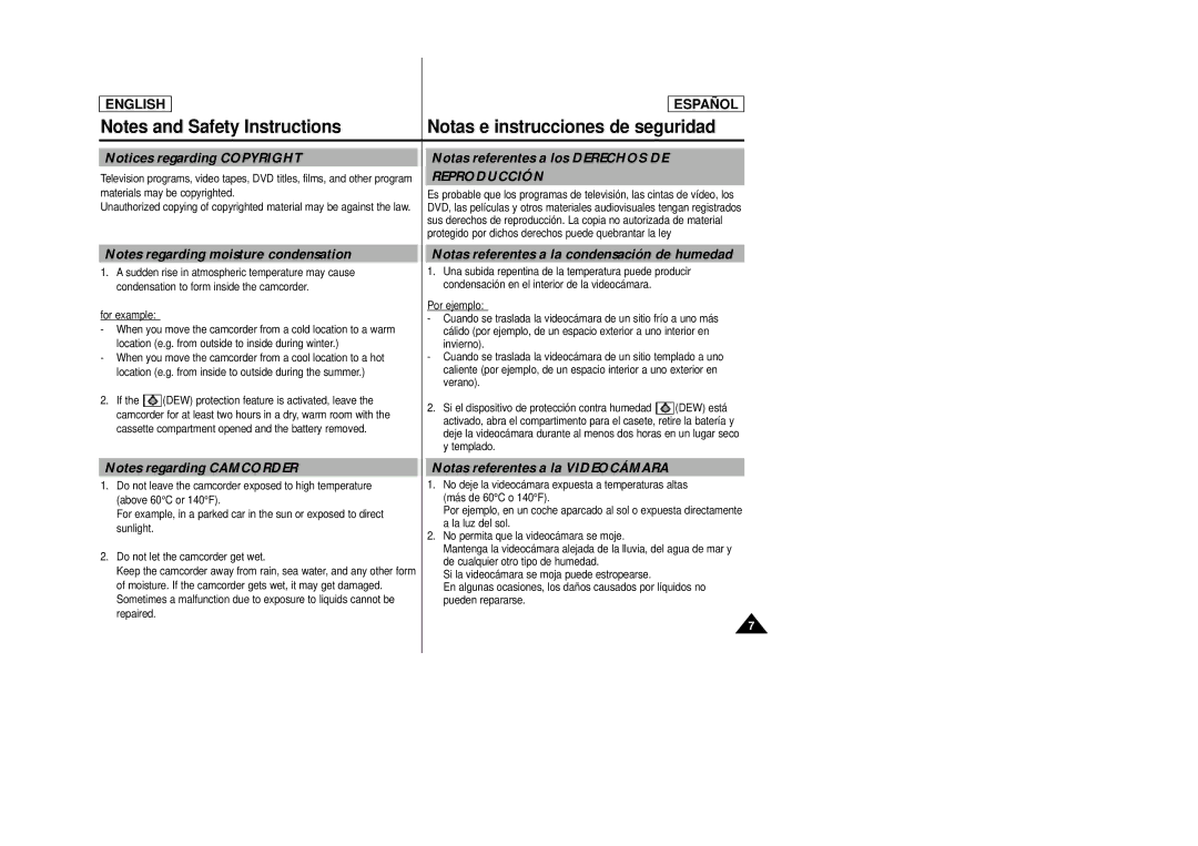 Samsung SCD23, SCD24 manual Notas referentes a los Derechos DE Reproducción, Notas referentes a la condensación de humedad 