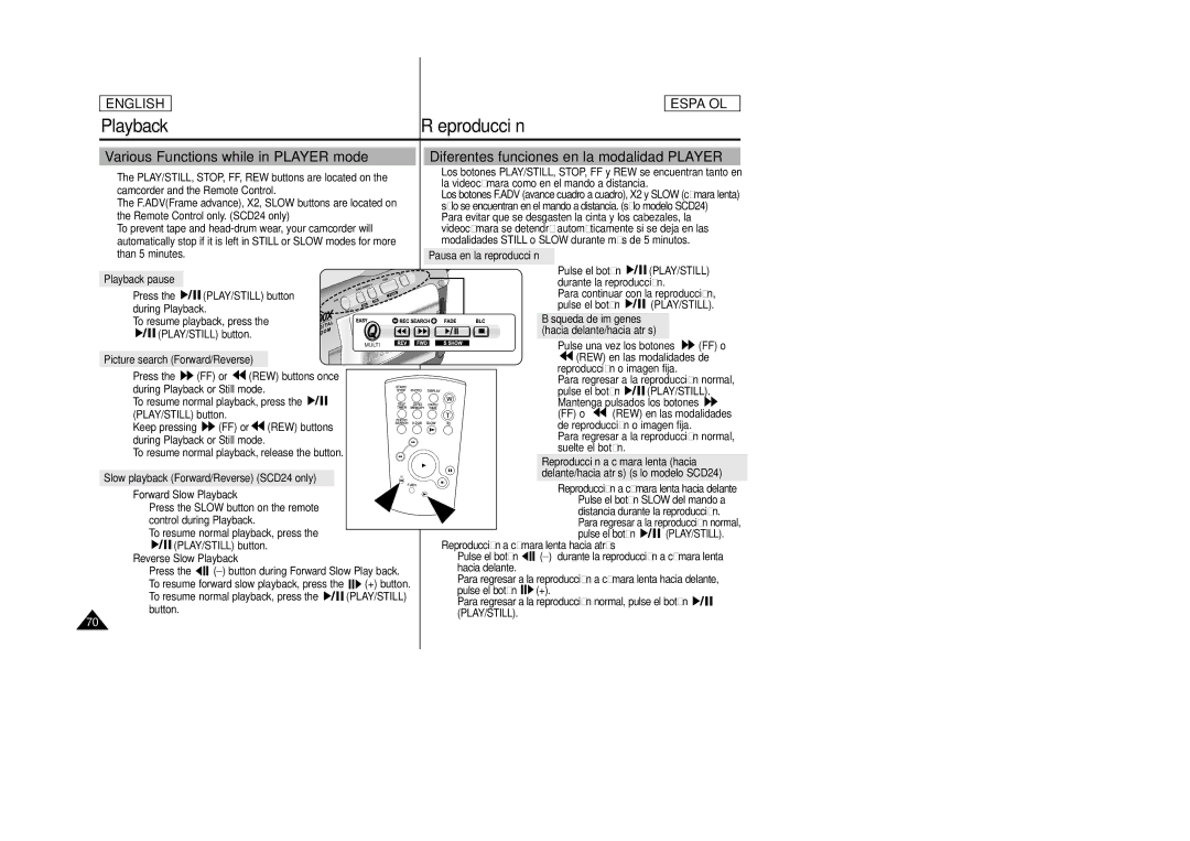 Samsung SCD24, SCD23 manual Various Functions while in Player mode, Diferentes funciones en la modalidad Player, Play/Still 