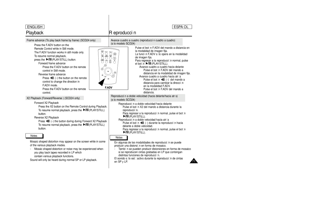Samsung SCD23 manual Playback Reproducción, Sólo modelo SCD24, X2 Playback Forward/Reverse SCD24 only 