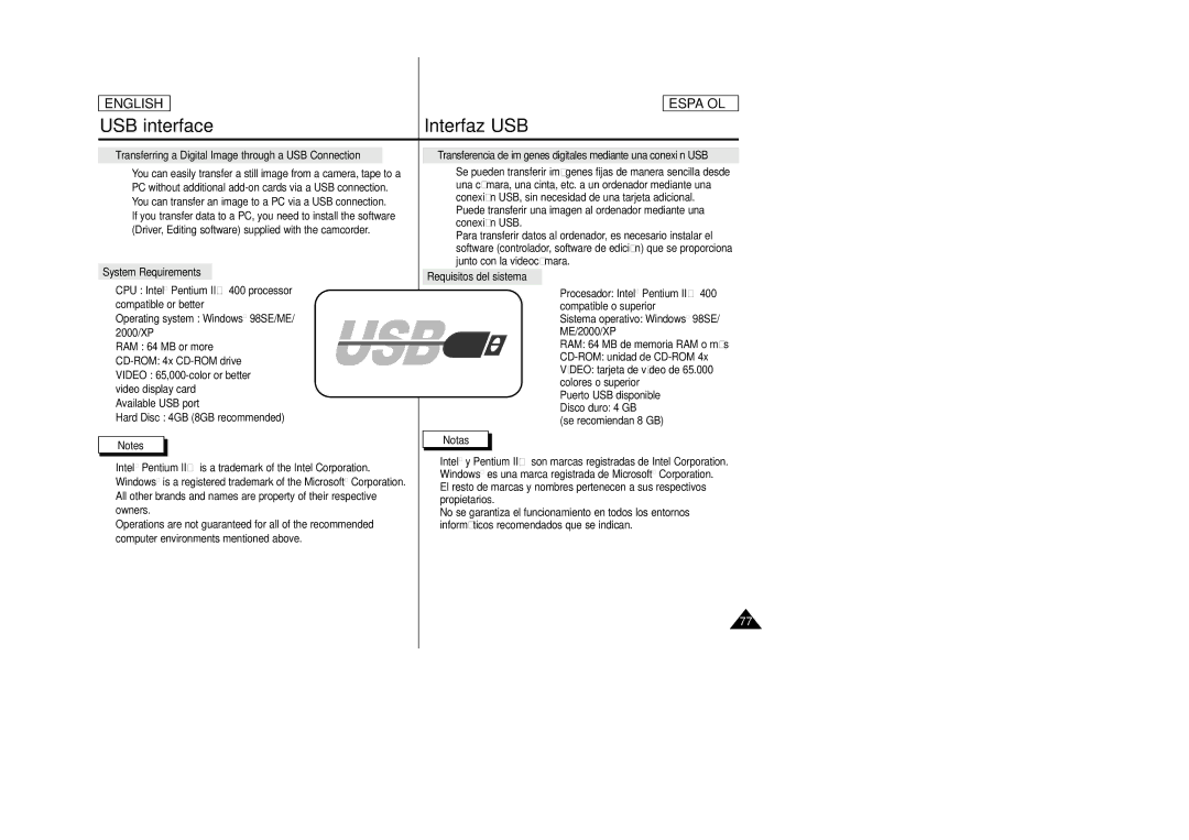 Samsung SCD23, SCD24 manual USB interface Interfaz USB, You can transfer an image to a PC via a USB connection 