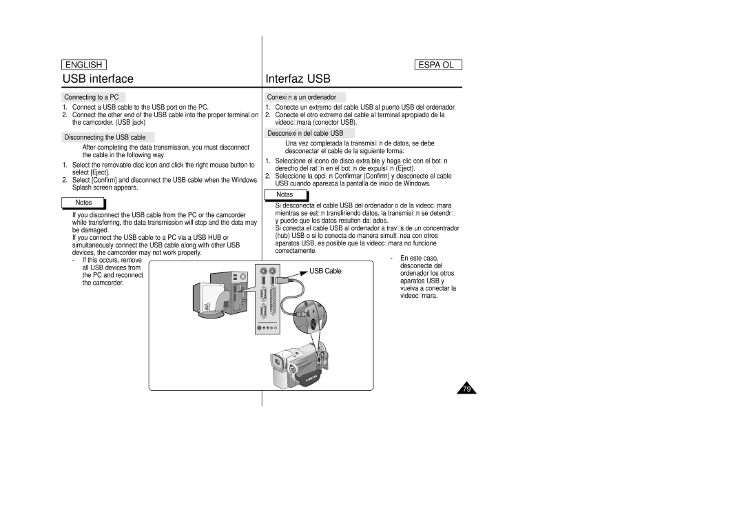 Samsung SCD23, SCD24 manual Disconnecting the USB cable, Desconexión del cable USB, Aparatos USB y, Videocámara 