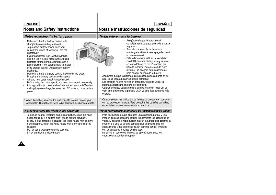 Samsung SCD24, SCD23 manual Notas referentes a la batería, Notas referentes a la limpieza de los cabezales de vídeo 