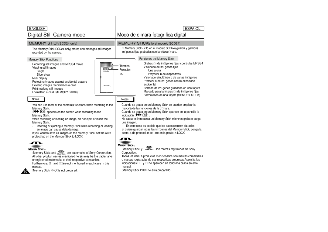 Samsung SCD23 manual Memory Stick SCD24 only, Memory Stick Functions, Protection Tab, Funciones del Memory Stick 