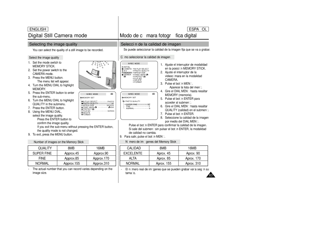 Samsung SCD23, SCD24 manual Selecting the image quality, Selección de la calidad de imagen 