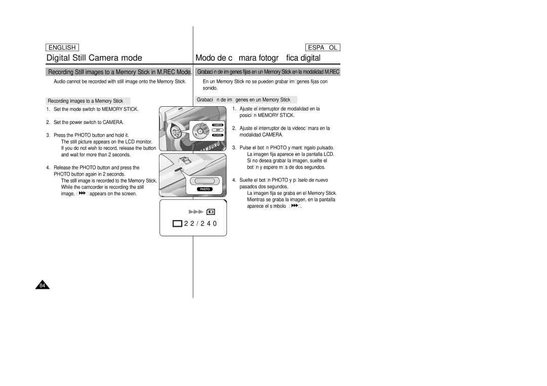 Samsung SCD24, SCD23 manual Recording images to a Memory Stick, Grabació n de imá genes en un Memory Stick 