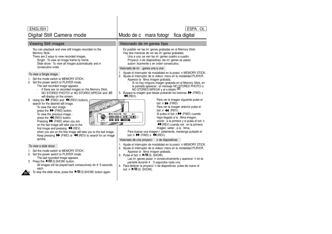 Samsung SCD24, SCD23 manual Viewing Still images Visionado de imágenes fijas, To view a Single image, To view a slide show 