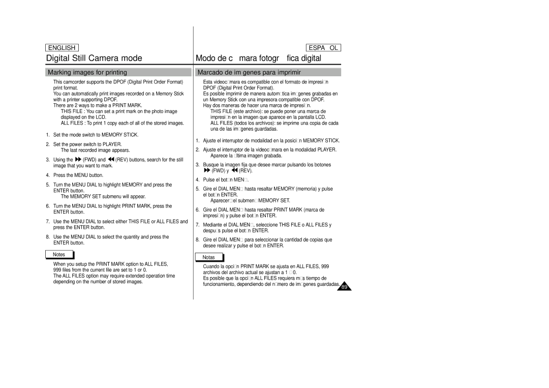 Samsung SCD23, SCD24 manual Marking images for printing, Marcado de imágenes para imprimir 