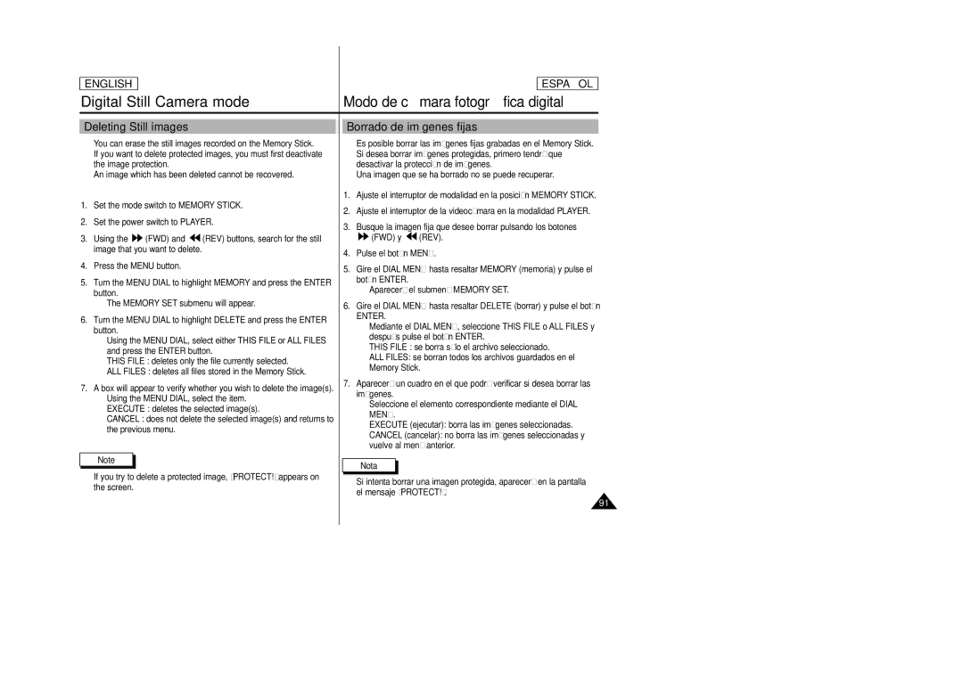 Samsung SCD23, SCD24 manual Deleting Still images, Borrado de imágenes fijas, Enter 