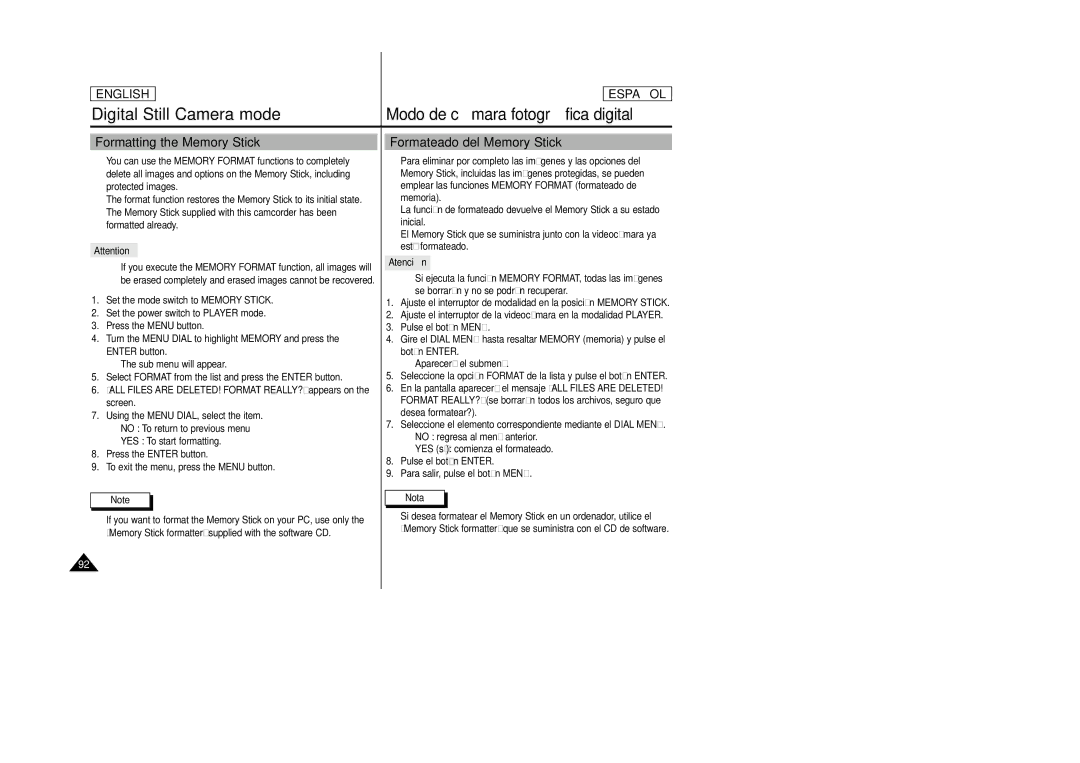 Samsung SCD24, SCD23 manual Formatting the Memory Stick, Formateado del Memory Stick, Atenció n 