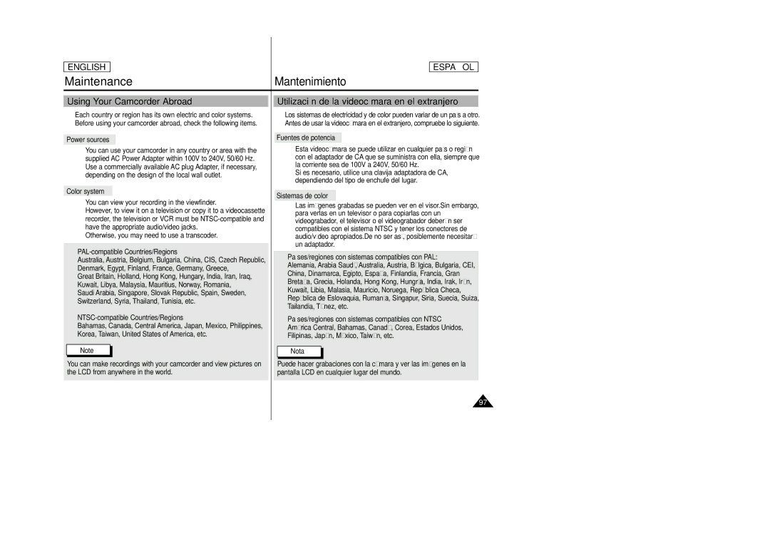 Samsung SCD23, SCD24 manual Using Your Camcorder Abroad, Utilización de la videocámara en el extranjero 