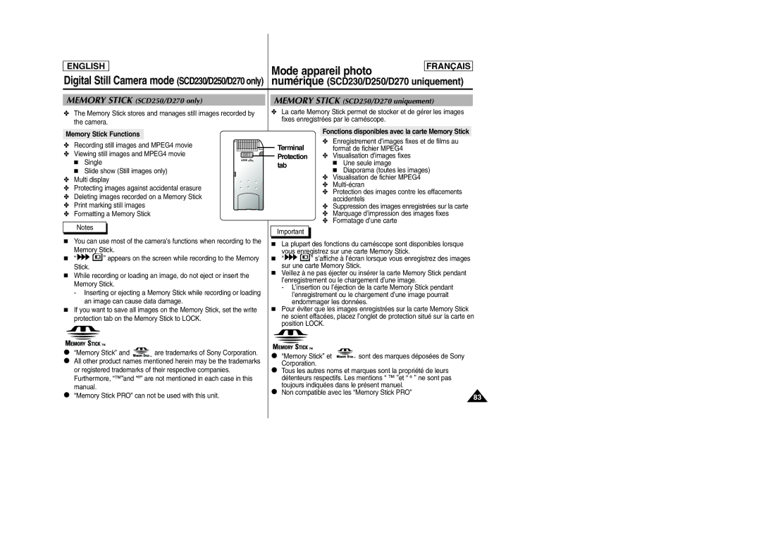 Samsung SCD200, SCD250, SCD230, SCD270 manual Memory Stick Functions, Protection, Tab 