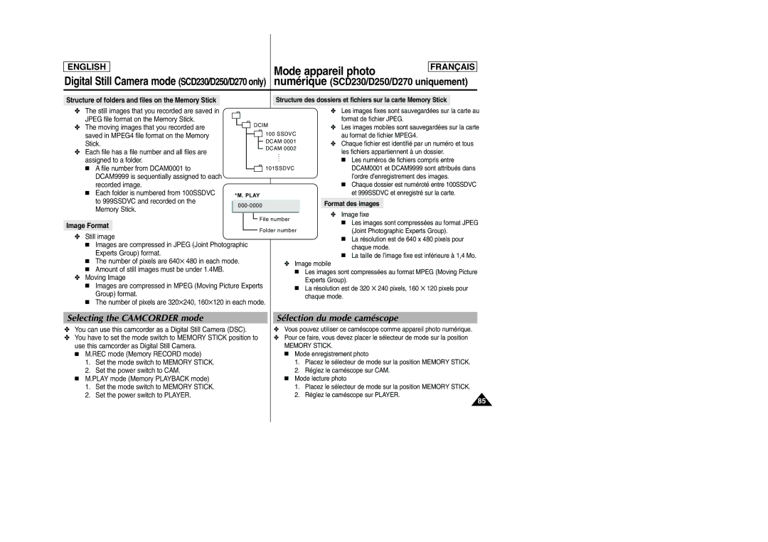 Samsung SCD230, SCD250, SCD270, SCD200 manual Selecting the Camcorder mode, Sélection du mode caméscope, Image Format 