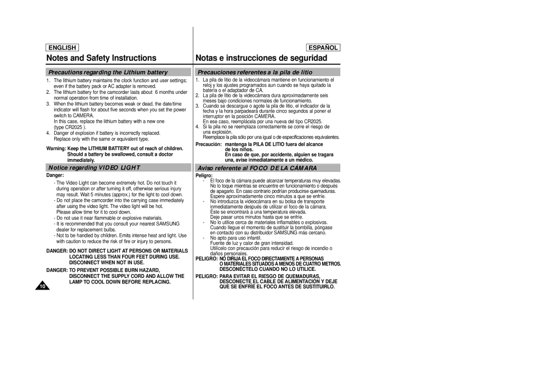 Samsung SCD27/D29 manual Precautions regarding the Lithium battery, Precauciones referentes a la pila de litio, Peligro 