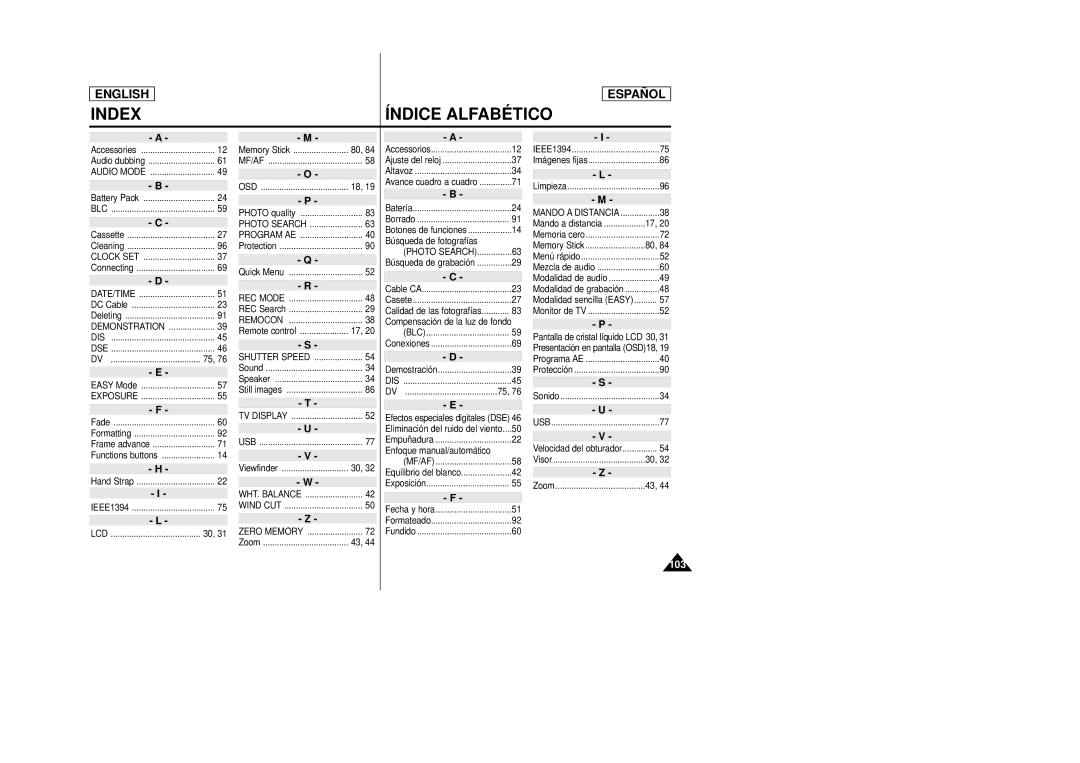 Samsung SCD27/D29 manual Index Índice Alfabé Tico 