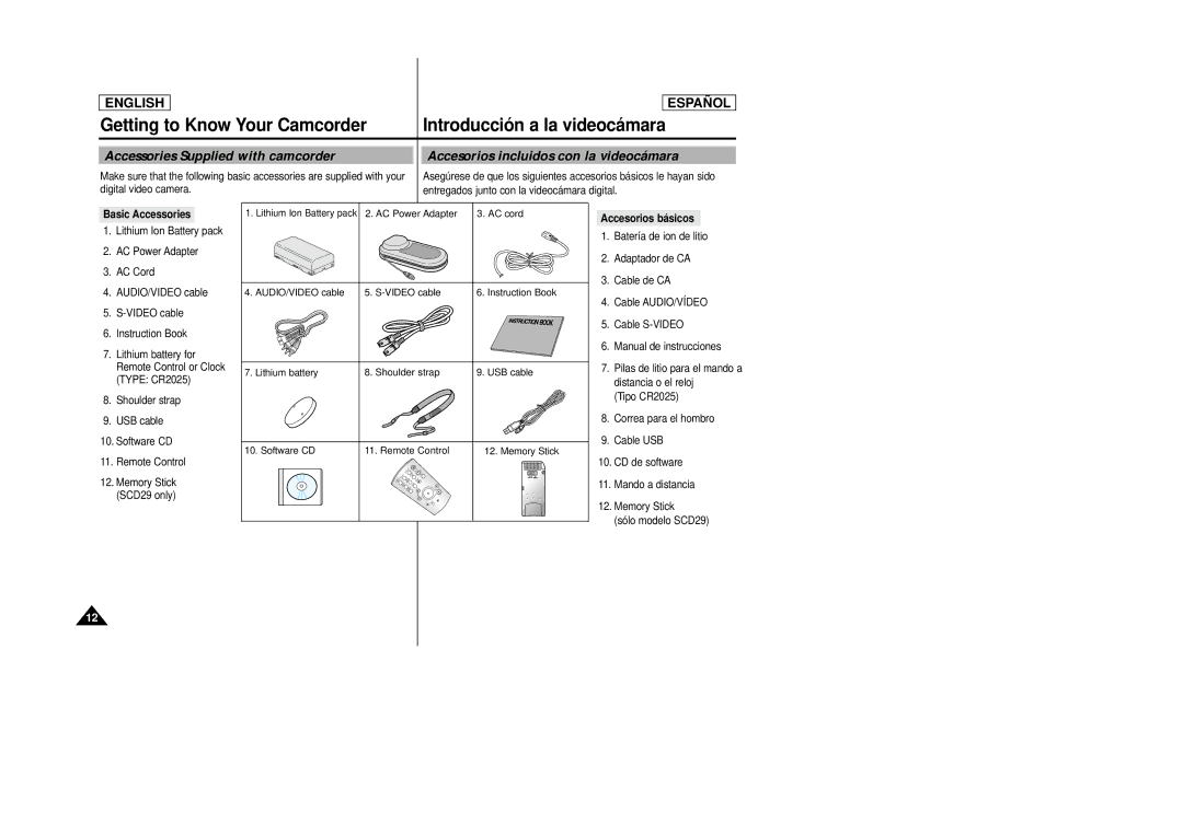 Samsung SCD27/D29 manual Accessories Supplied with camcorder, Accesorios incluidos con la videocámara, Basic Accessories 
