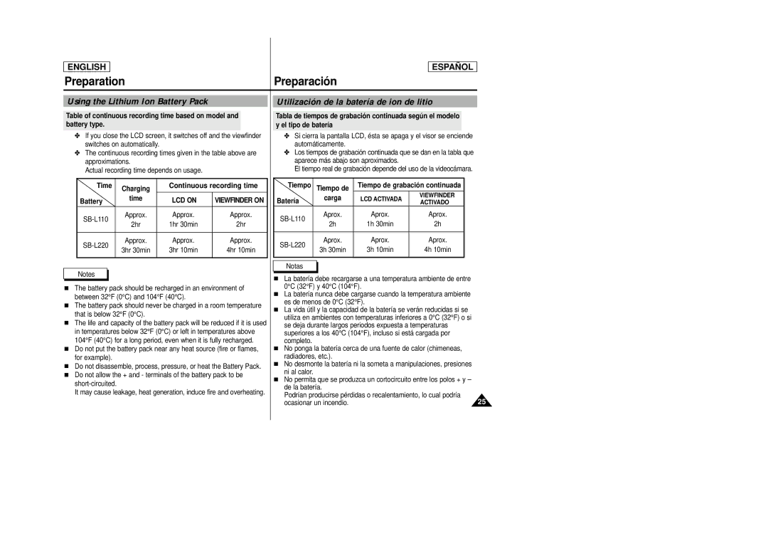 Samsung SCD27/D29 manual Time, Continuous recording time, Battery, Tiempo, Batería 