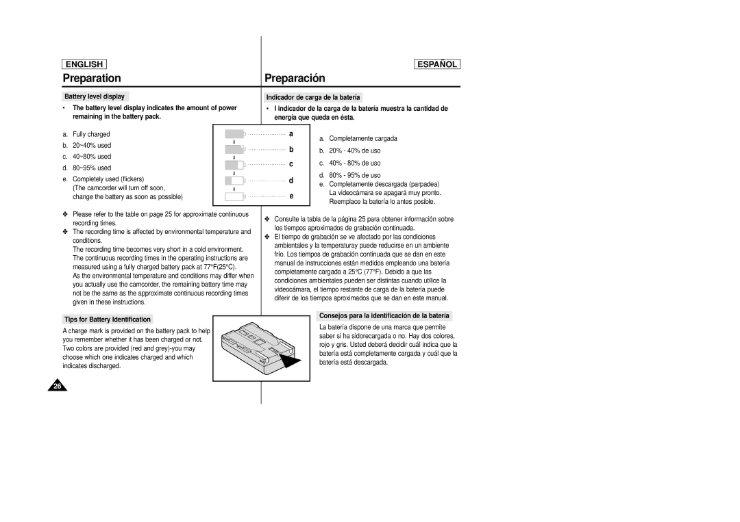 Samsung SCD27/D29 manual Preparation, Tips for Battery Identification, Consejos para la identificació n de la batería 