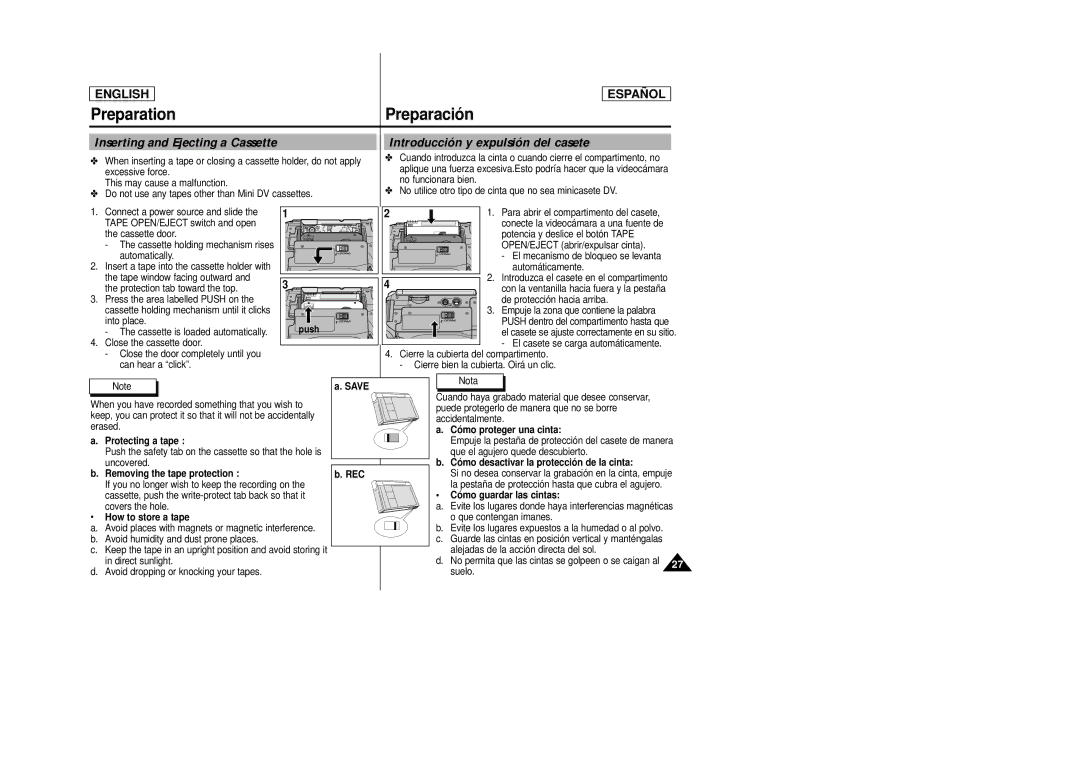 Samsung SCD27/D29 manual Preparation Preparació n, Inserting and Ejecting a Cassette, Introducción y expulsión del casete 