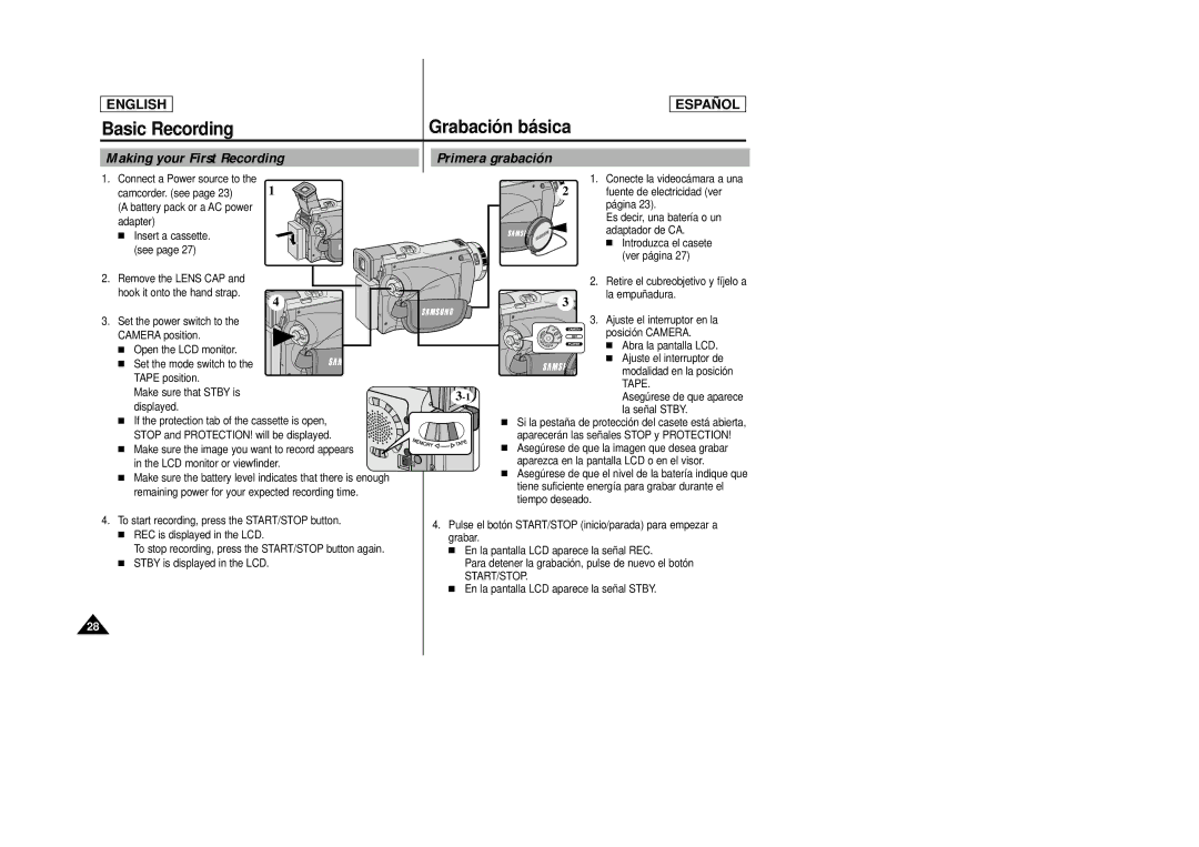 Samsung SCD27/D29 manual Making your First Recording Primera grabación 