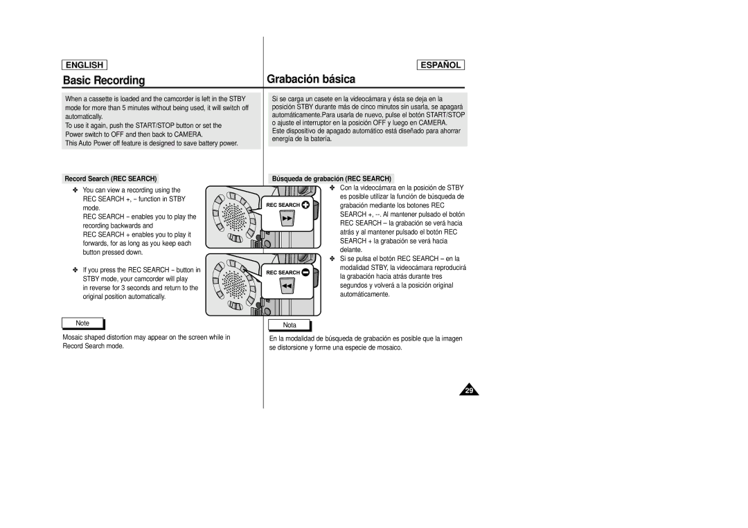 Samsung SCD27/D29 manual Basic Recording, Record Search REC Search, Búsqueda de grabación REC Search 