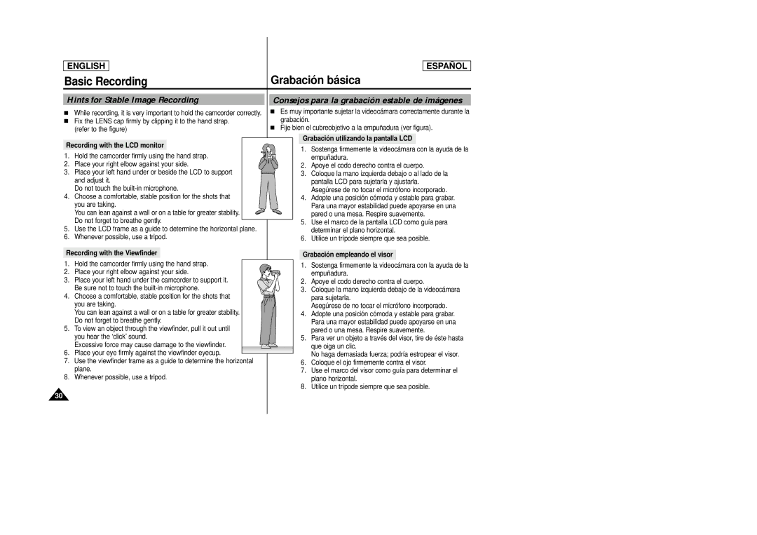 Samsung SCD27/D29 manual Hints for Stable Image Recording, Consejos para la grabación estable de imágenes 