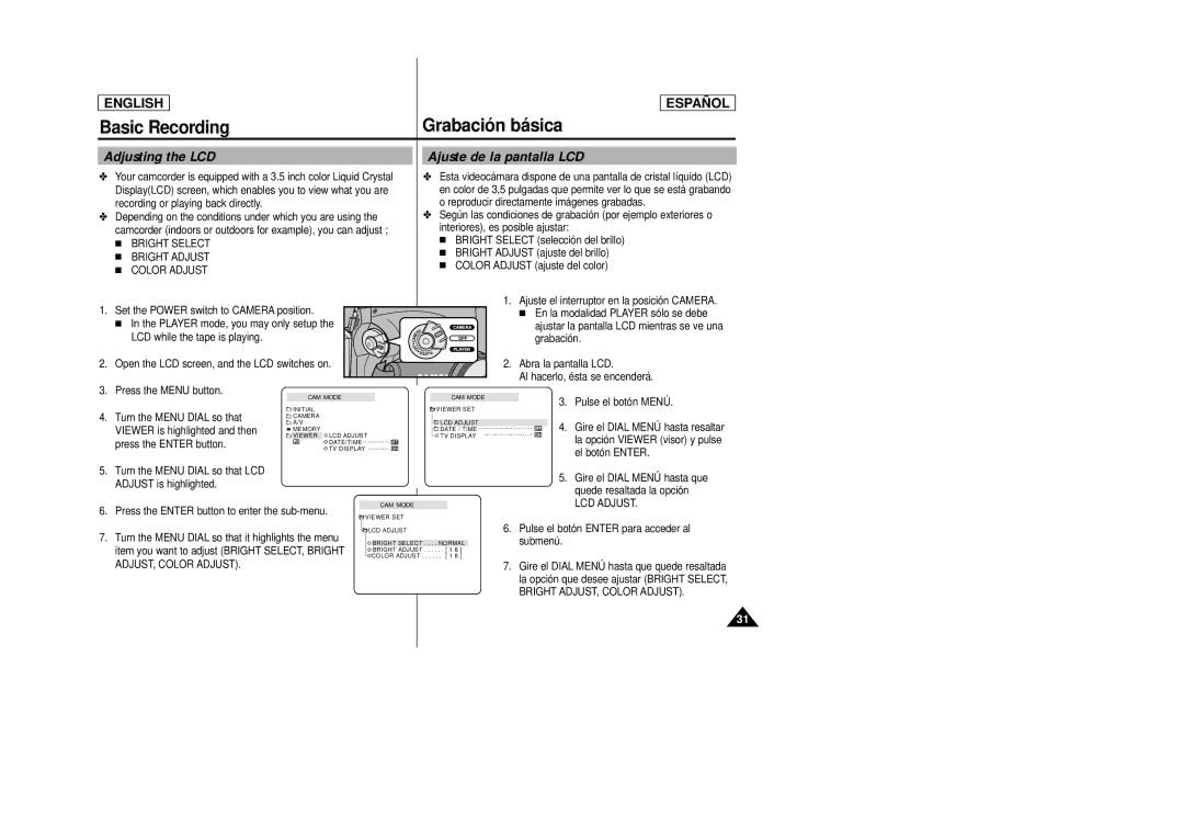 Samsung SCD27/D29 manual Basic Recording Grabación básica, Adjusting the LCD Ajuste de la pantalla LCD 