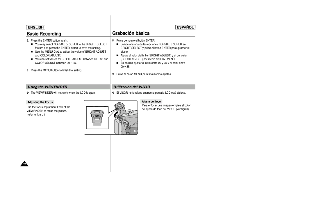 Samsung SCD27/D29 manual Using the Viewfinder, Utilización del Visor, Adjusting the Focus, Ajuste del foco 