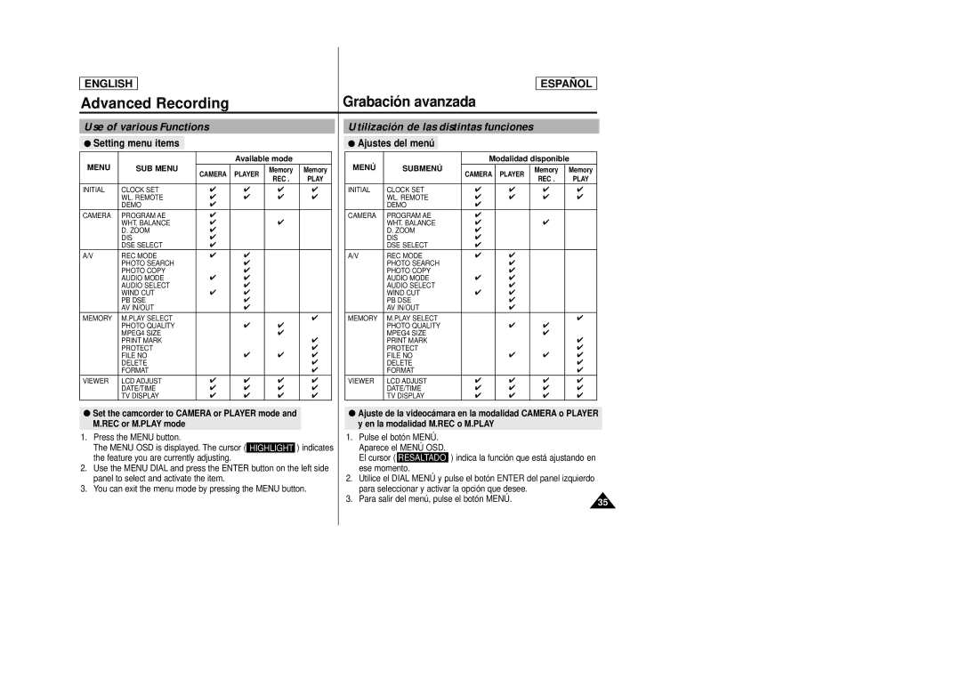 Samsung SCD27/D29 manual Advanced Recording, Use of various Functions, Utilización de las distintas funciones 