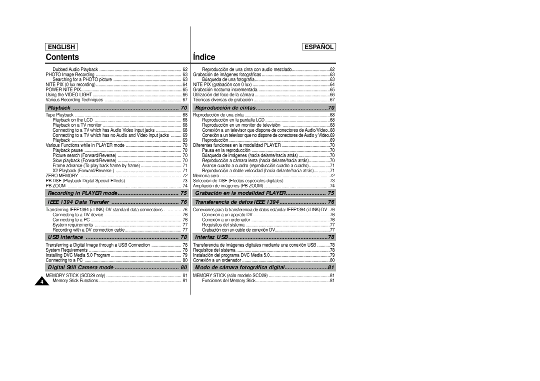 Samsung SCD27/D29 manual Playback, Ieee 1394 Data Transfer, USB interface, Interfaz USB 