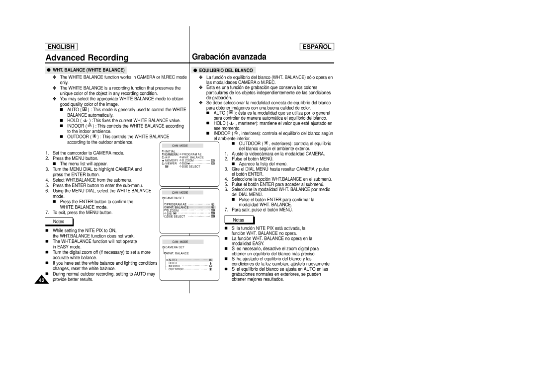 Samsung SCD27/D29 manual Grabació n avanzada, WHT. Balance White Balance Equilibrio DEL Blanco 