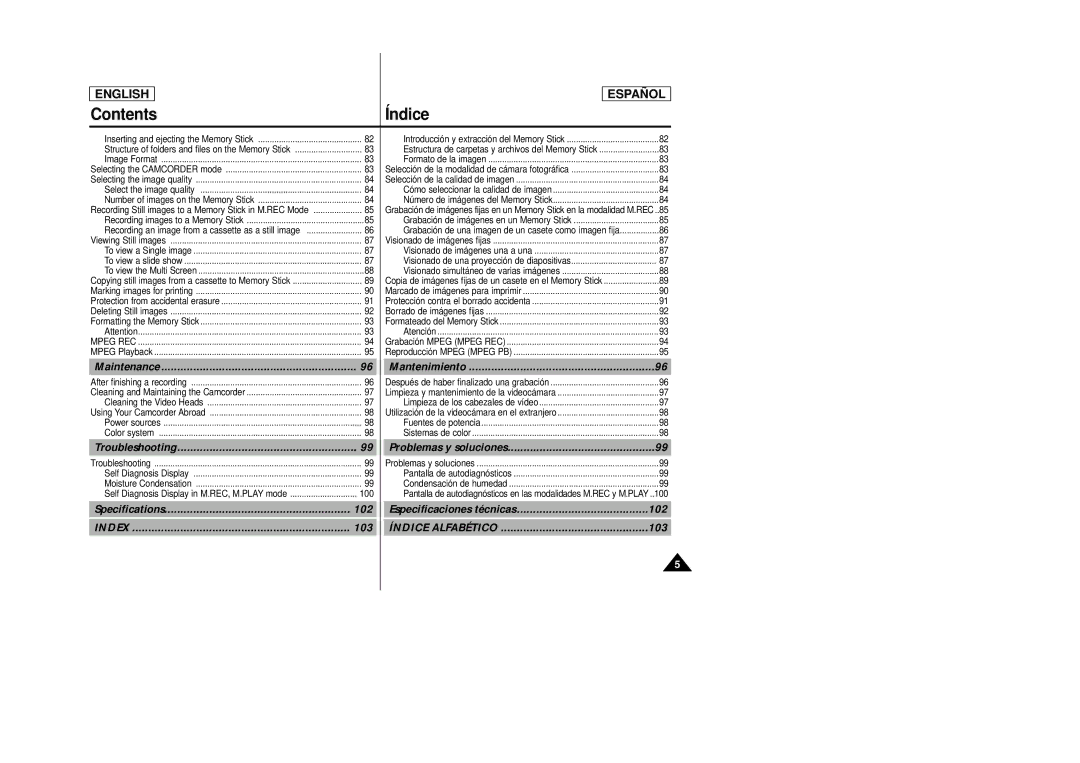 Samsung SCD27/D29 manual Maintenance Mantenimiento, Troubleshooting, Problemas y soluciones, Specifications 102, 103 