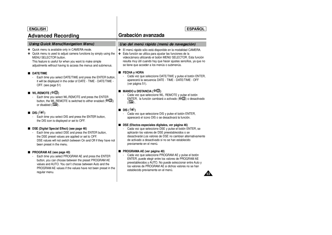 Samsung SCD27/D29 manual Using Quick MenuNavigation Menu, Uso del menú rápido menú de navegación, Wl.Remote 