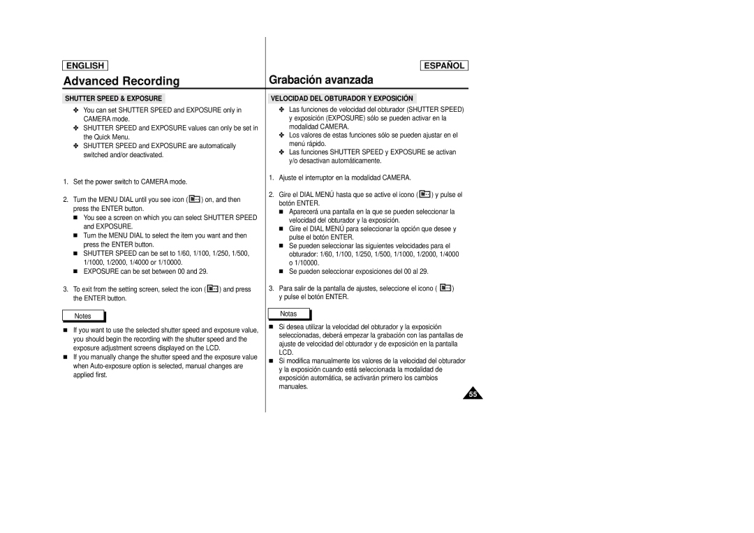 Samsung SCD27/D29 manual Velocidad DEL Obturador Y Exposició N 