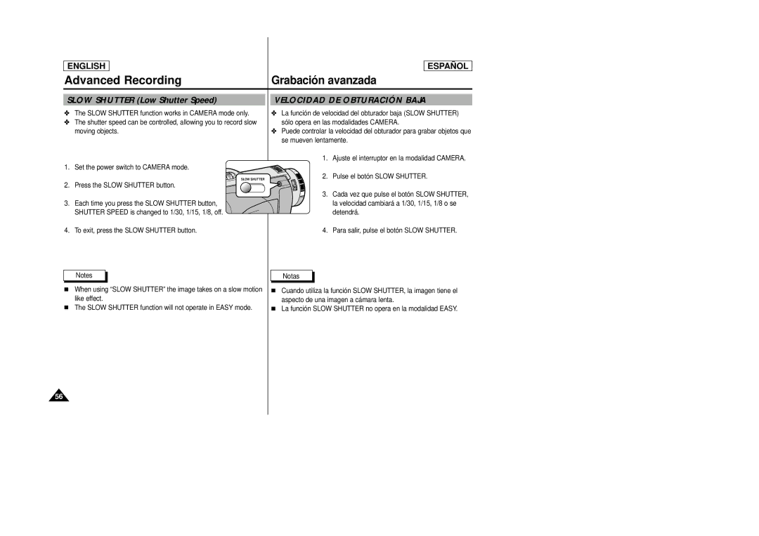 Samsung SCD27/D29 manual Slow Shutter Low Shutter Speed, Velocidad DE Obturación Baja 