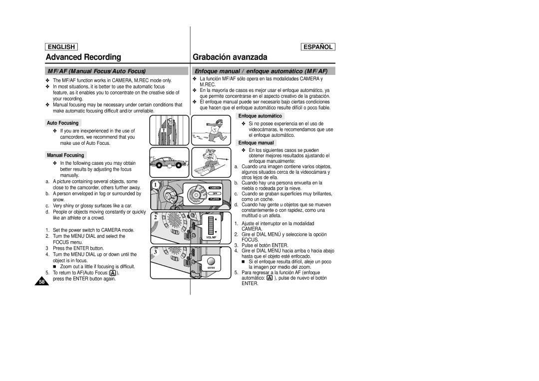 Samsung SCD27/D29 manual Advanced Recording Grabación avanzada, MF/AF Manual Focus/Auto Focus 