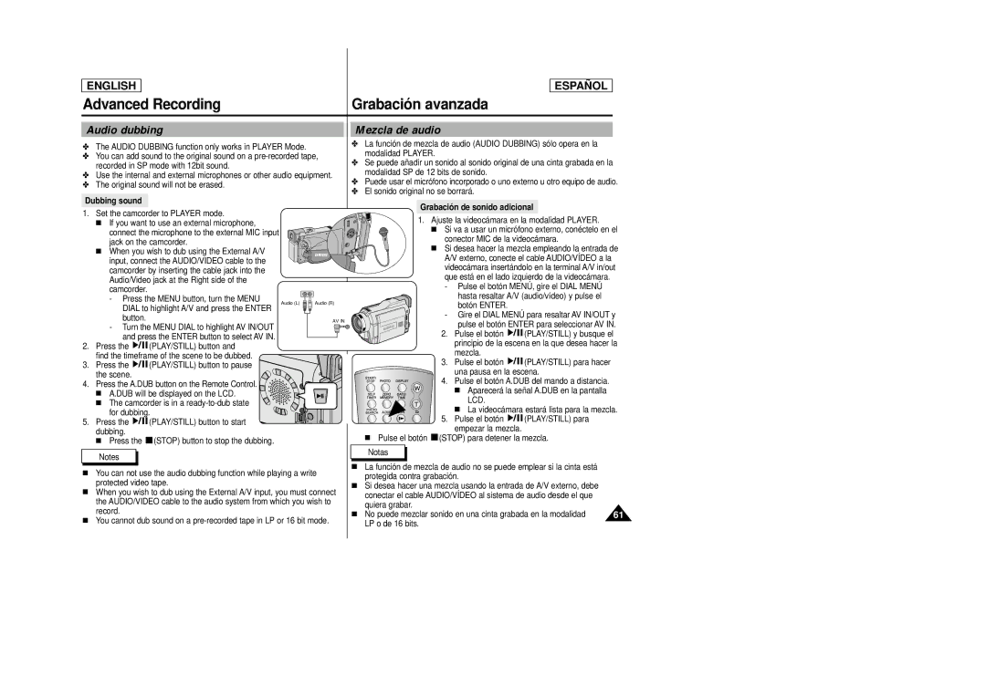 Samsung SCD27/D29 manual Advanced Recording, Audio dubbing, Mezcla de audio 